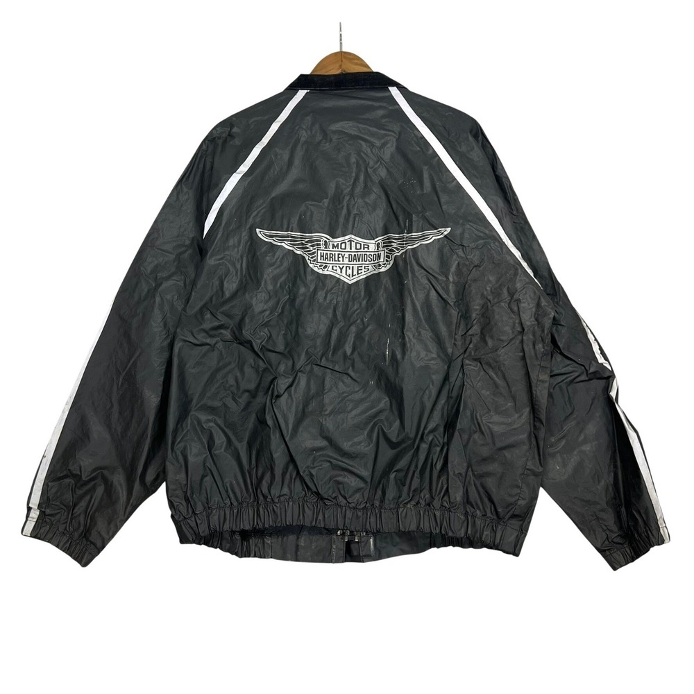 Vintage Harley Davidson Mens Rain Jacket Black PVC Windbreaker Winged Logo Large